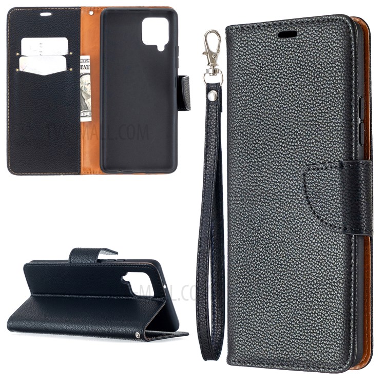 Plain Litchi Skin Stand Leather Wallet Phone Cover Shell for Samsung Galaxy A42 5G - Black-1