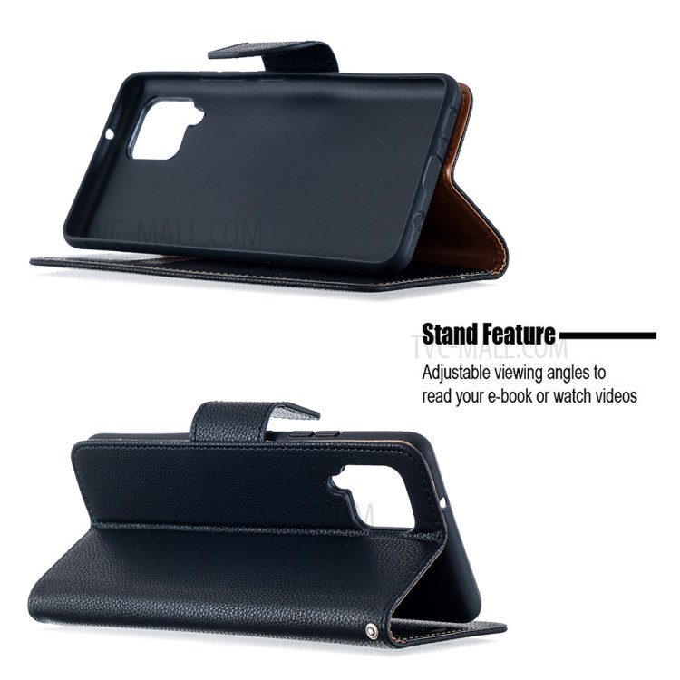 Plain Litchi Skin Stand Leather Wallet Phone Cover Shell for Samsung Galaxy A42 5G - Black-4