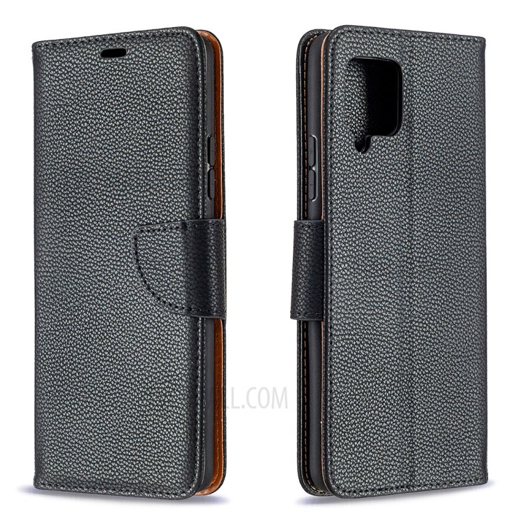 Plain Litchi Skin Stand Leather Wallet Phone Cover Shell for Samsung Galaxy A42 5G - Black-6