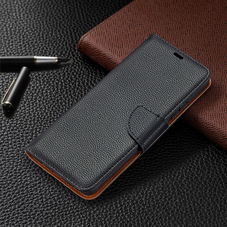 Plain Litchi Skin Stand Leather Wallet Phone Cover Shell for Samsung Galaxy A42 5G - Black-7