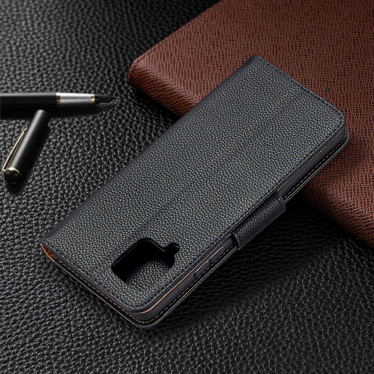 Plain Litchi Skin Stand Leather Wallet Phone Cover Shell for Samsung Galaxy A42 5G - Black-8