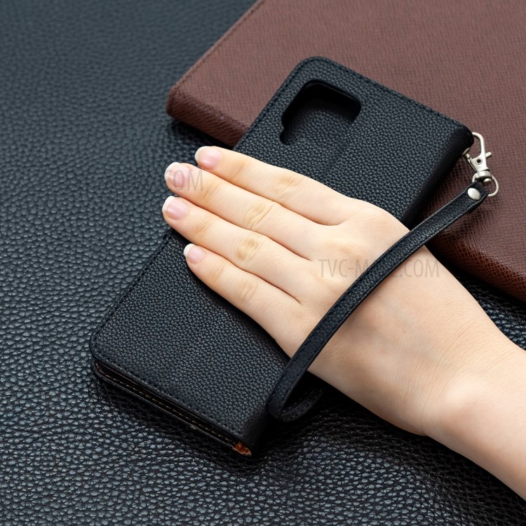 Plain Litchi Skin Stand Leather Wallet Phone Cover Shell for Samsung Galaxy A42 5G - Black-9