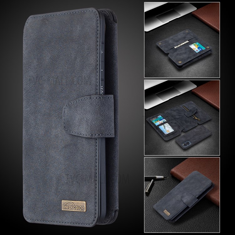 BF07 Detachable Matte Finish Leather Wallet Phone Cover with Zippered Pocket for Samsung Galaxy S20 Plus - Black-12