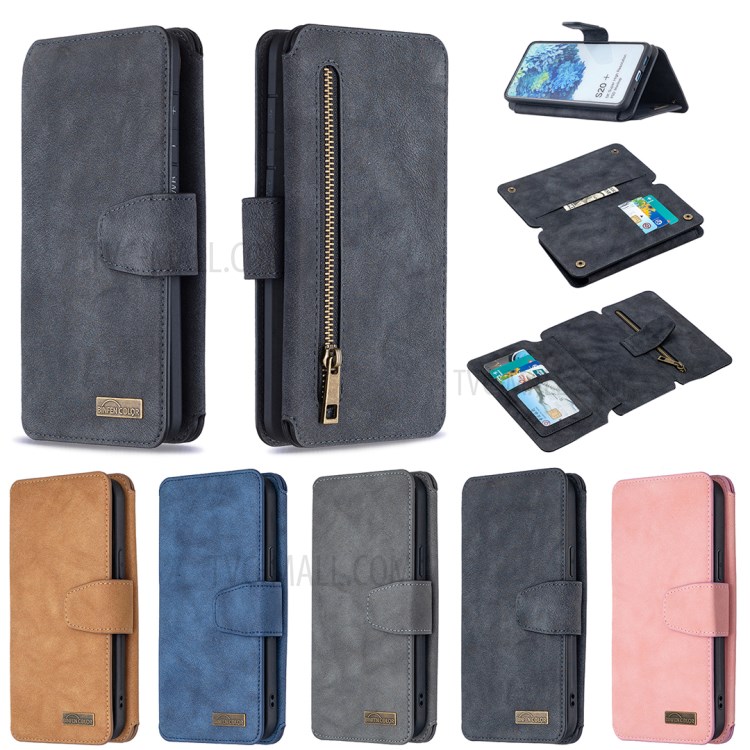 BF07 Detachable Matte Finish Leather Wallet Phone Cover with Zippered Pocket for Samsung Galaxy S20 Plus - Black-13