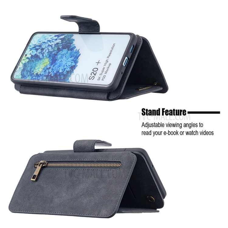 BF07 Detachable Matte Finish Leather Wallet Phone Cover with Zippered Pocket for Samsung Galaxy S20 Plus - Black-5