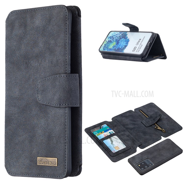 BF07 Detachable Matte Finish Leather Wallet Phone Cover with Zippered Pocket for Samsung Galaxy S20 Ultra - Black-1