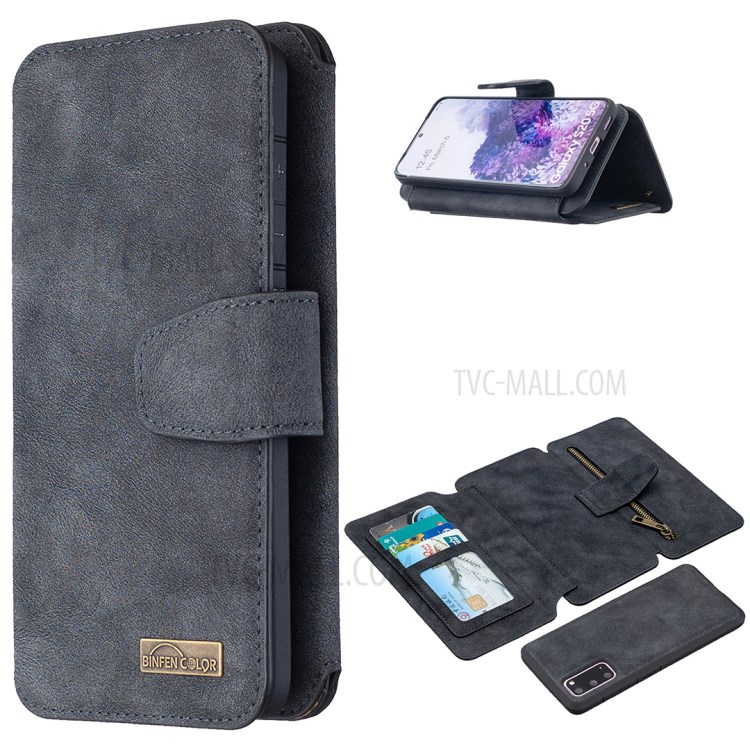 Acabamento Fosco Tampa Do Telefone Carteira De Couro Destacável Com Bolso Com Zíper Para Samsung Galaxy S20 - Preto-1