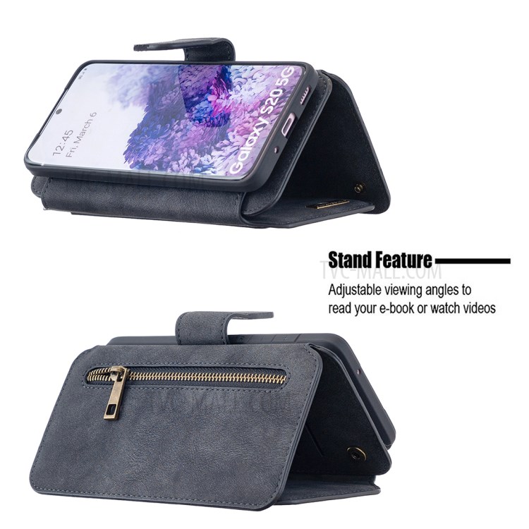 Acabamento Fosco Tampa Do Telefone Carteira De Couro Destacável Com Bolso Com Zíper Para Samsung Galaxy S20 - Preto-5