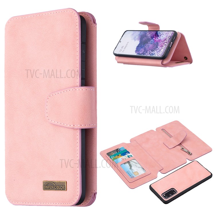 Detachable Matte Finish Leather Wallet Phone Cover with Zippered Pocket for Samsung Galaxy S20 - Pink-1