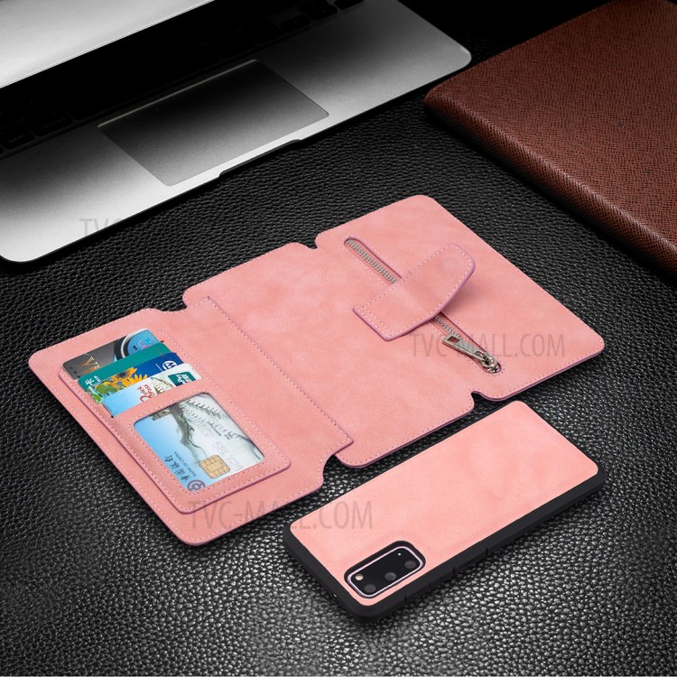 Detachable Matte Finish Leather Wallet Phone Cover with Zippered Pocket for Samsung Galaxy S20 - Pink-10