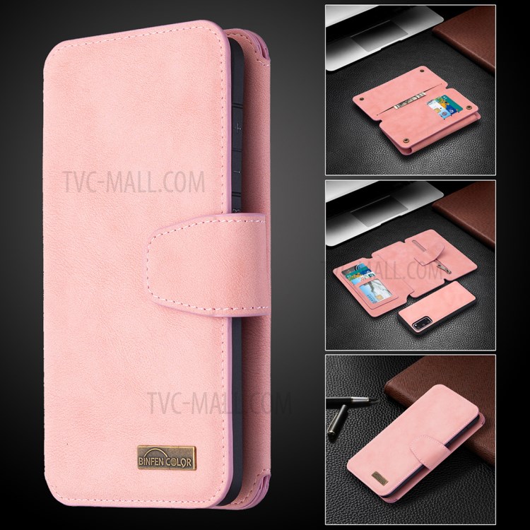 Detachable Matte Finish Leather Wallet Phone Cover with Zippered Pocket for Samsung Galaxy S20 - Pink-12