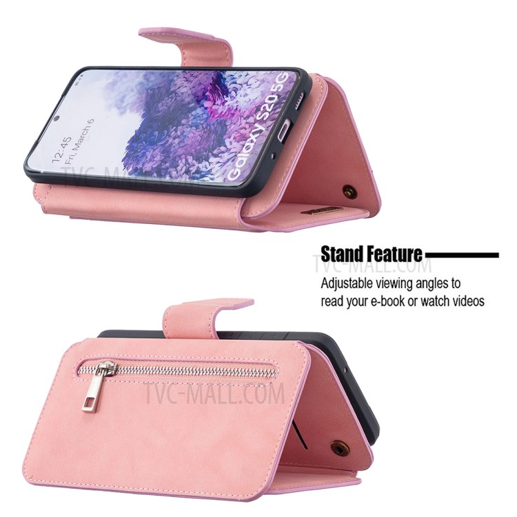 Detachable Matte Finish Leather Wallet Phone Cover with Zippered Pocket for Samsung Galaxy S20 - Pink-5