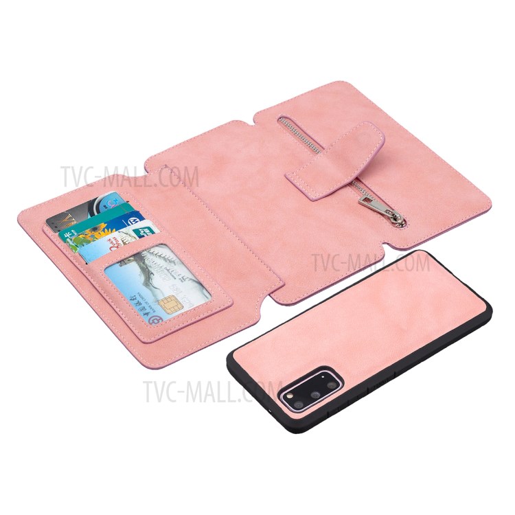 Detachable Matte Finish Leather Wallet Phone Cover with Zippered Pocket for Samsung Galaxy S20 - Pink-6