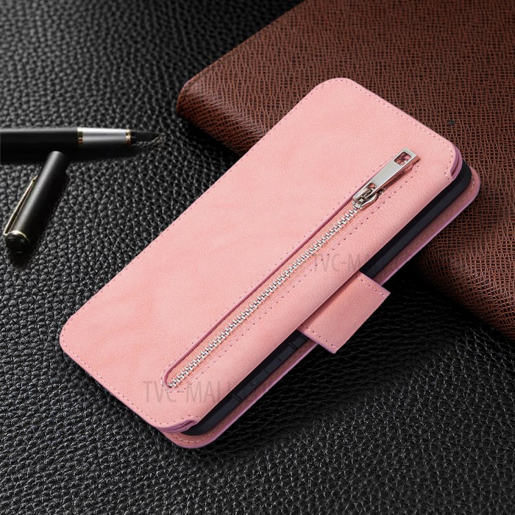 Detachable Matte Finish Leather Wallet Phone Cover with Zippered Pocket for Samsung Galaxy S20 - Pink-9