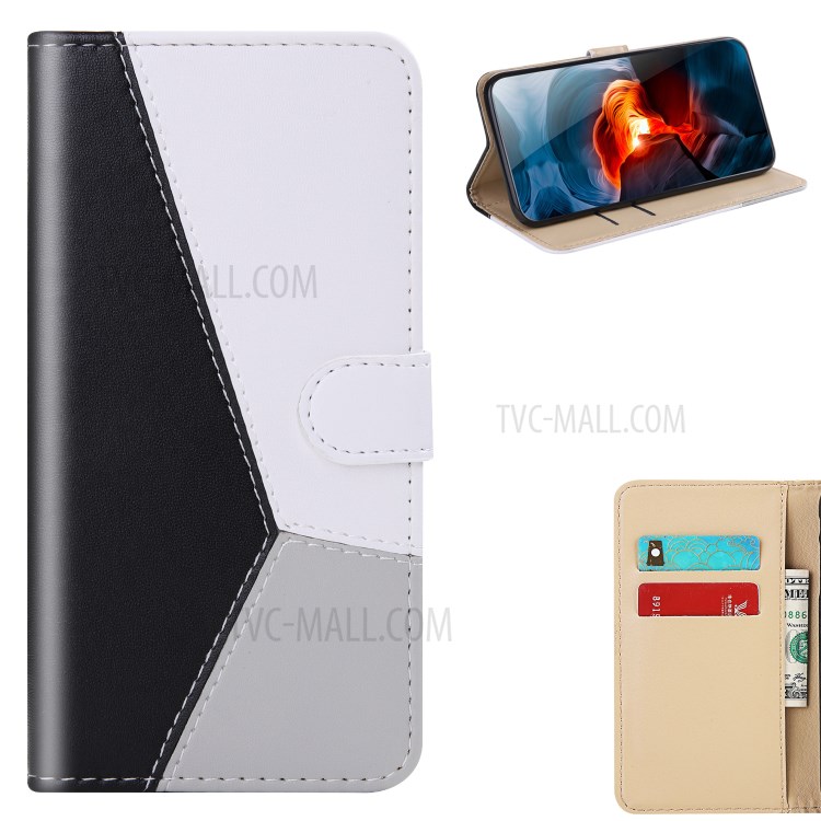 Three-color Splicing Leather Wallet Stand Cover Shell for Samsung Galaxy Note 20 - Black/White/Grey-1