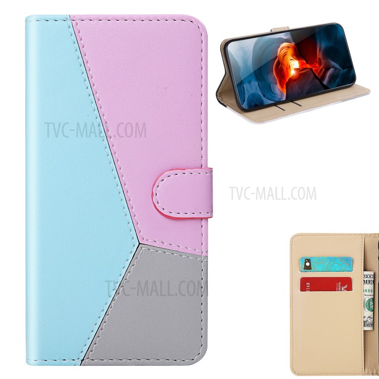 Three-color Splicing Leather Wallet Stand Cover Shell for Samsung Galaxy Note20 Ultra - Blue/Purple/Grey-1