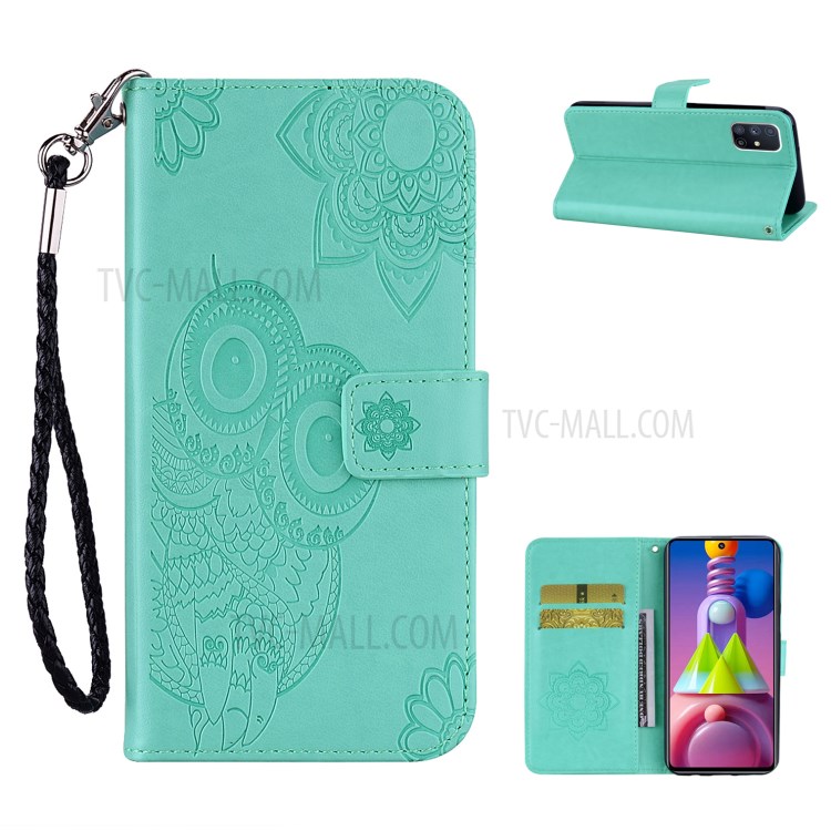 Imprint Owl Flower Leather Wallet Stand Phone Case for Samsung Galaxy M51 - Cyan-1
