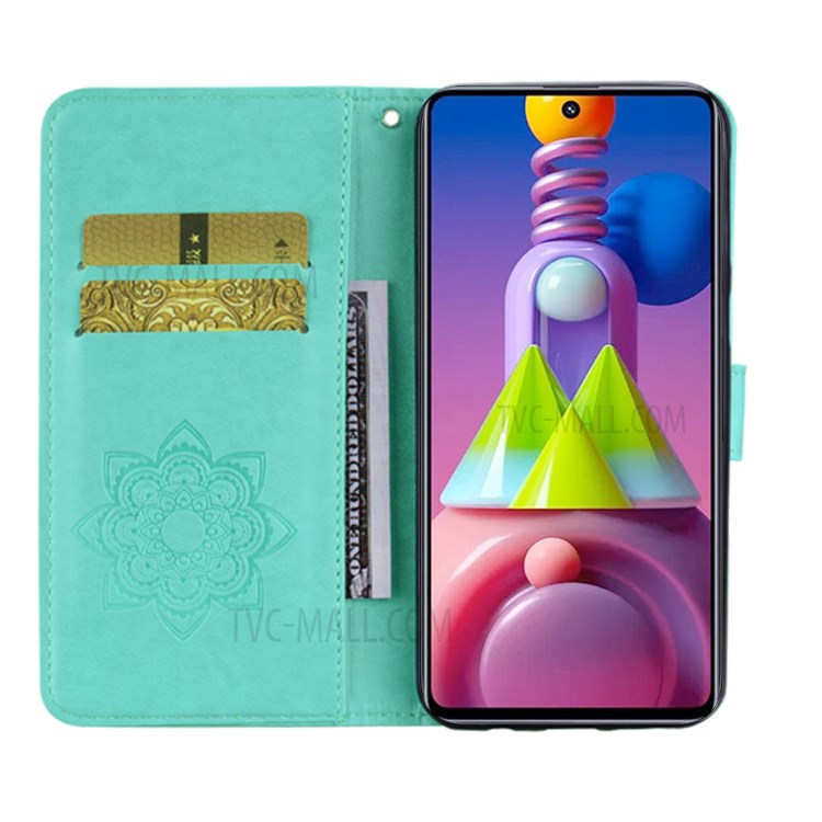 Imprint Owl Flower Leather Wallet Stand Phone Case for Samsung Galaxy M51 - Cyan-6