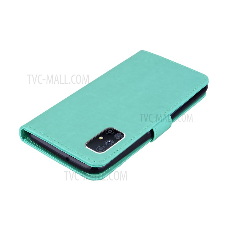 Imprint Owl Flower Leather Wallet Stand Phone Case for Samsung Galaxy M51 - Cyan-7