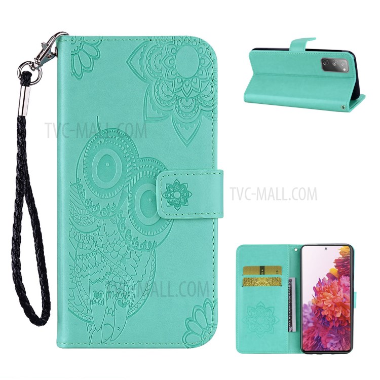Owl Flower Imprint Leather Cover Mobile Shell for Samsung Galaxy S20 FE/S20 Fan Edition / S20 FE 5G/S20 Fan Edition 5G / S20 Lite - Cyan-1