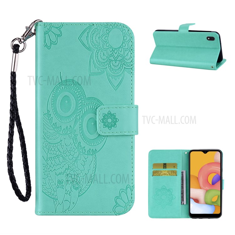 Imprint Owl Flower Leather Wallet Stand Shell for Samsung Galaxy A01 Core - Cyan-1