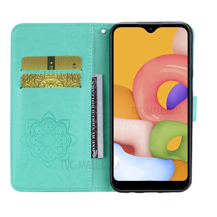 Imprint Owl Flower Leather Wallet Stand Shell for Samsung Galaxy A01 Core - Cyan-7