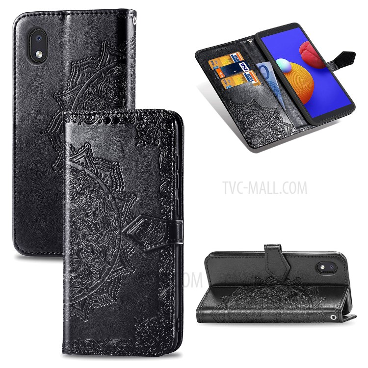 Embossed Mandala Flower Wallet Stand Leather Case for Samsung Galaxy A01 Core - Black-1