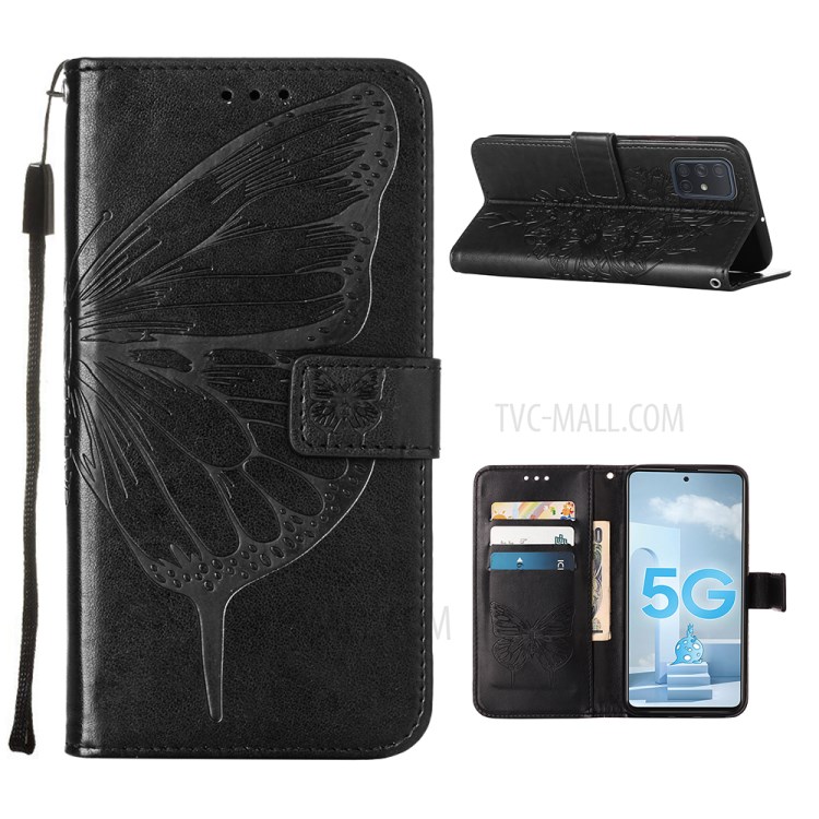Imprint Butterfly Pattern Leather Wallet Phone Cover Case for Galaxy A51 5G - Black-1