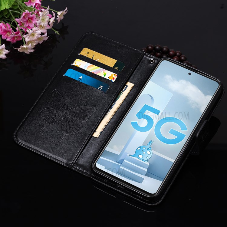 Imprint Butterfly Pattern Leather Wallet Phone Cover Case for Galaxy A51 5G - Black-14