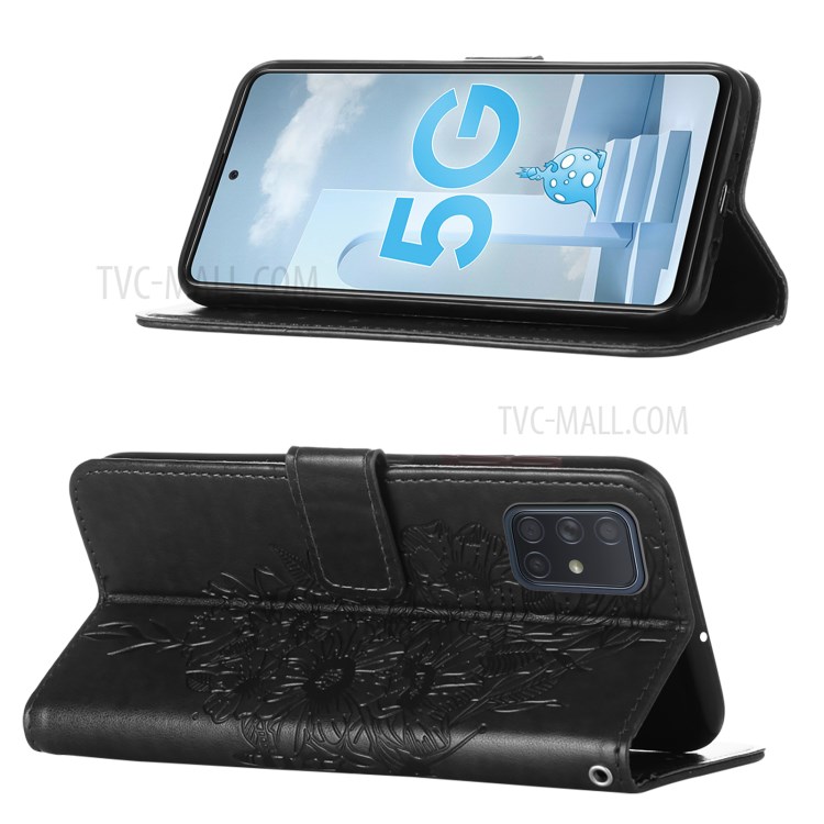 Imprint Butterfly Pattern Leather Wallet Phone Cover Case for Galaxy A51 5G - Black-4