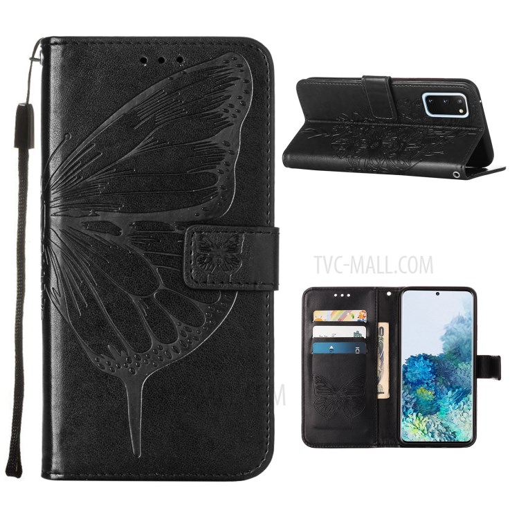 Imprint Butterfly Leather Wallet Stand Case Protective Shell for Samsung Galaxy S20 - Black-1