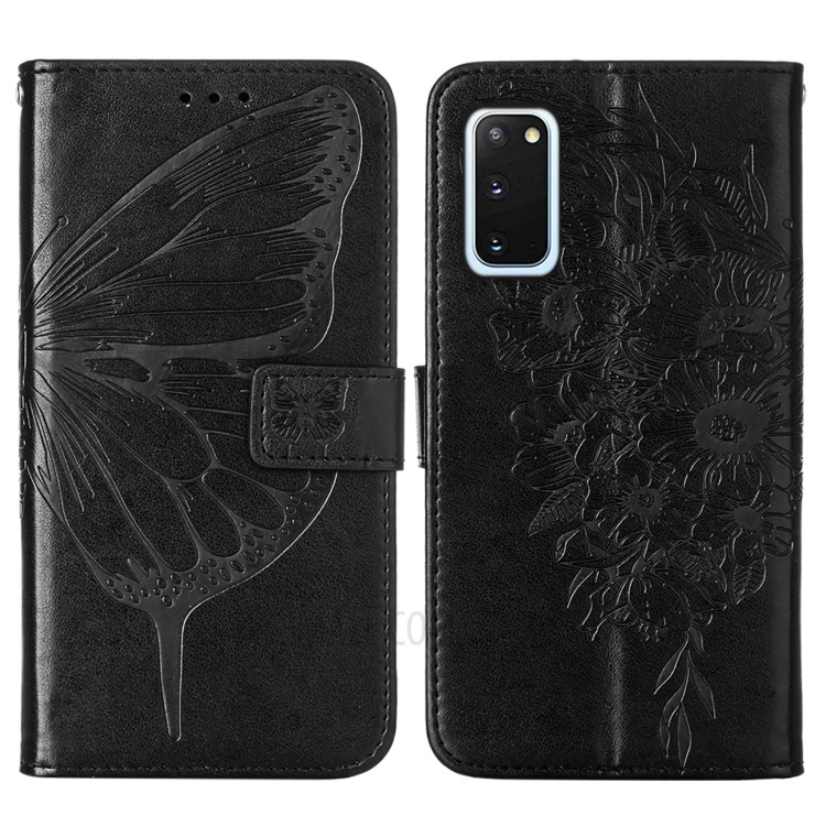 Imprint Butterfly Leather Wallet Stand Case Protective Shell for Samsung Galaxy S20 - Black-3