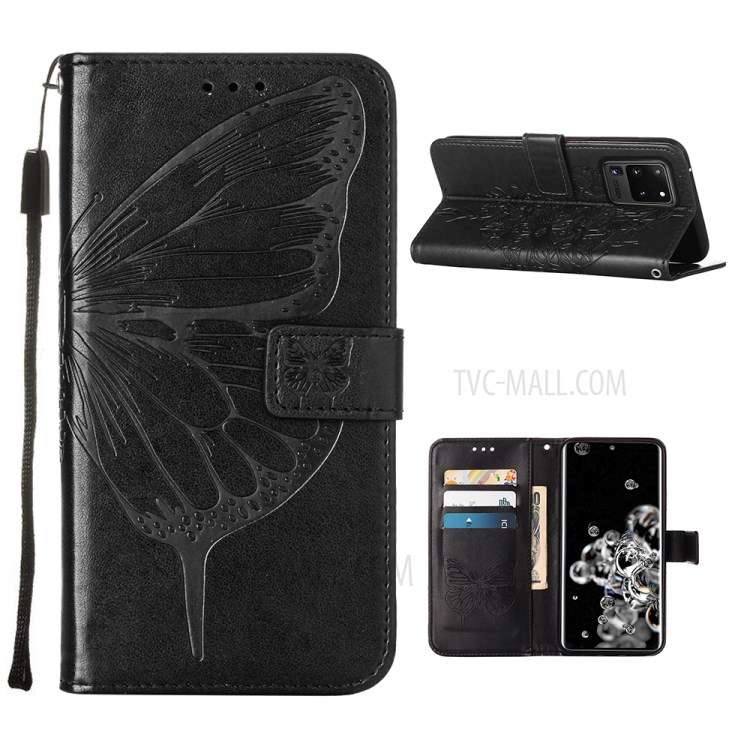 Imprint Butterfly Leather Wallet Stand Case Protective Shell for Samsung Galaxy S20 Ultra - Black-1
