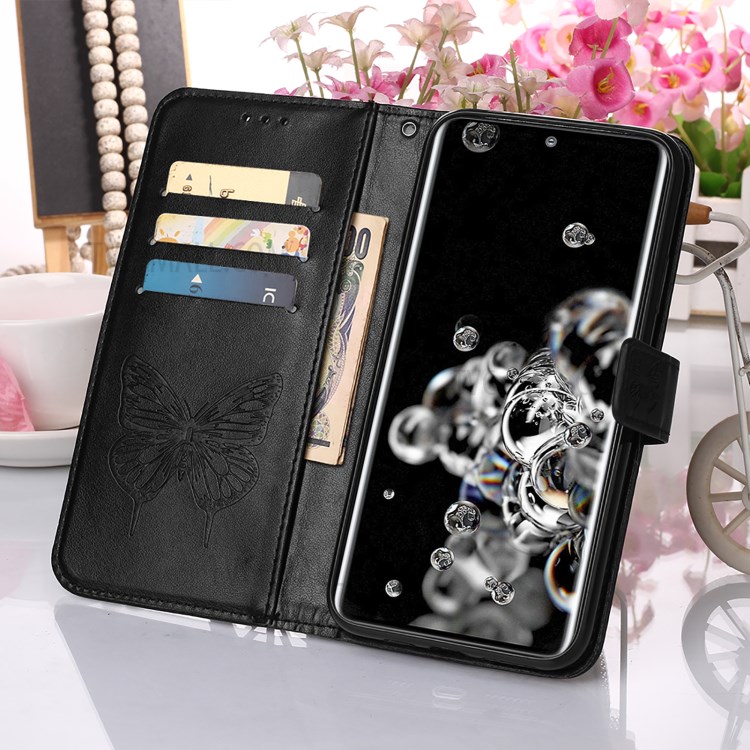 Imprint Butterfly Leather Wallet Stand Case Protective Shell for Samsung Galaxy S20 Ultra - Black-10