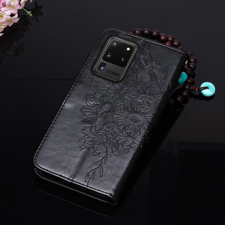 Imprint Butterfly Leather Wallet Stand Case Protective Shell for Samsung Galaxy S20 Ultra - Black-13