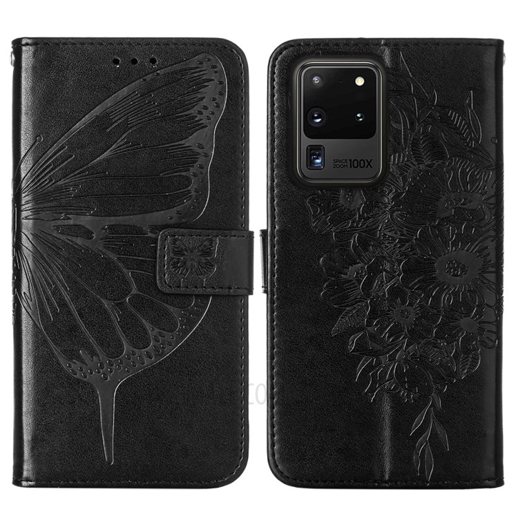 Imprint Butterfly Leather Wallet Stand Case Protective Shell for Samsung Galaxy S20 Ultra - Black-3