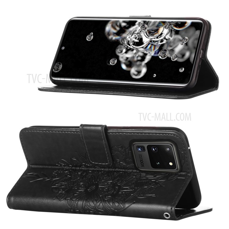 Imprint Butterfly Leather Wallet Stand Case Protective Shell for Samsung Galaxy S20 Ultra - Black-4