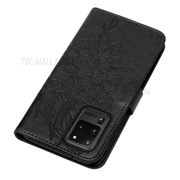 Imprint Butterfly Leather Wallet Stand Case Protective Shell for Samsung Galaxy S20 Ultra - Black-6