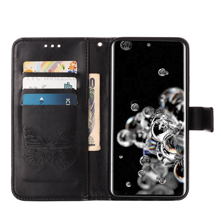 Imprint Butterfly Leather Wallet Stand Case Protective Shell for Samsung Galaxy S20 Ultra - Black-7