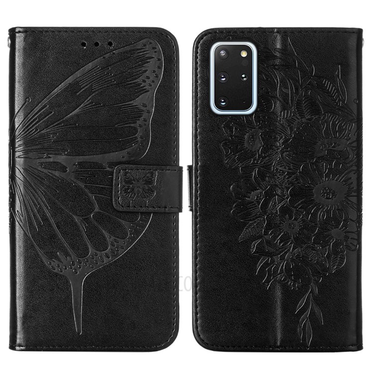 Imprint Butterfly and Flowers Wallet Leather Cell Phone Stand Shell for Samsung Galaxy S20 Plus - Black-3