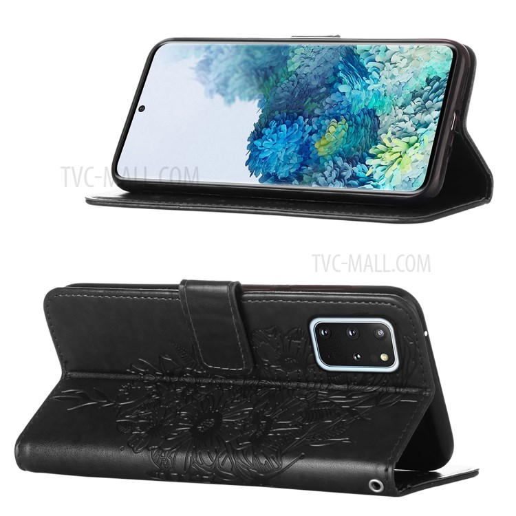 Imprint Butterfly and Flowers Wallet Leather Cell Phone Stand Shell for Samsung Galaxy S20 Plus - Black-4