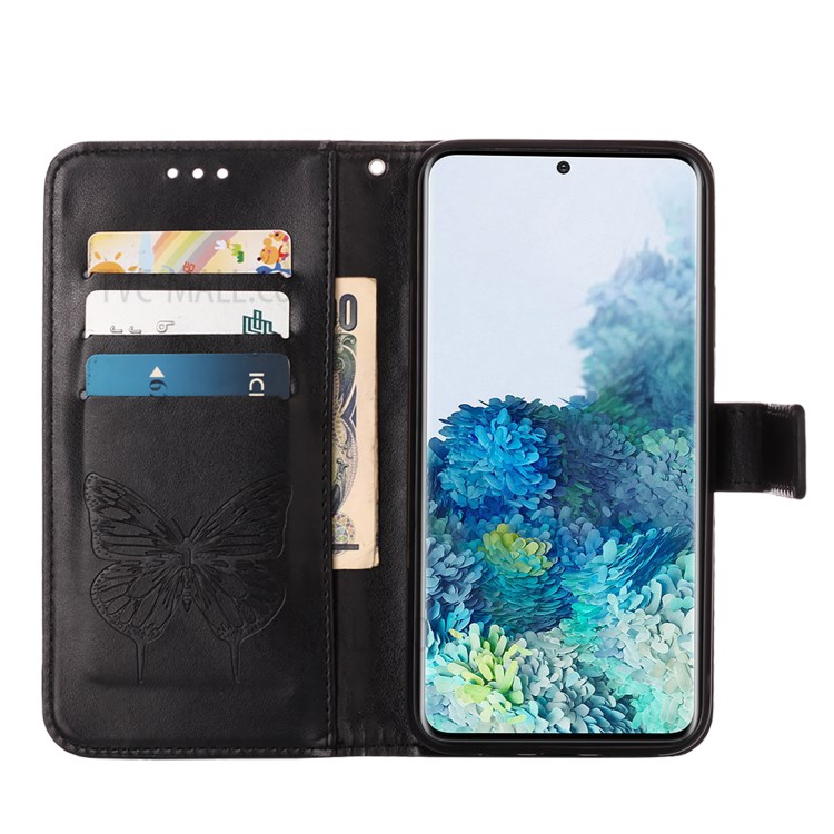 Imprint Butterfly and Flowers Wallet Leather Cell Phone Stand Shell for Samsung Galaxy S20 Plus - Black-5