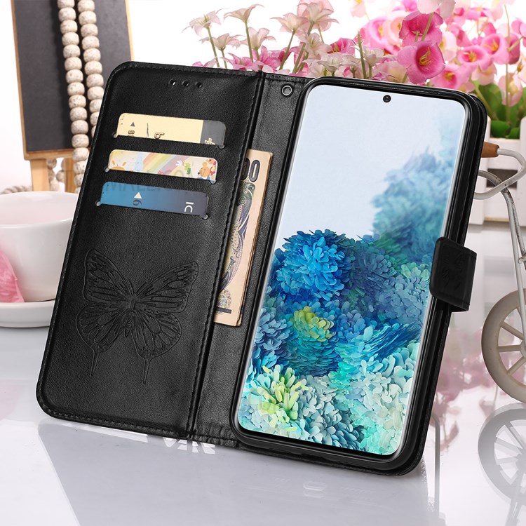 Imprint Butterfly and Flowers Wallet Leather Cell Phone Stand Shell for Samsung Galaxy S20 Plus - Black-9