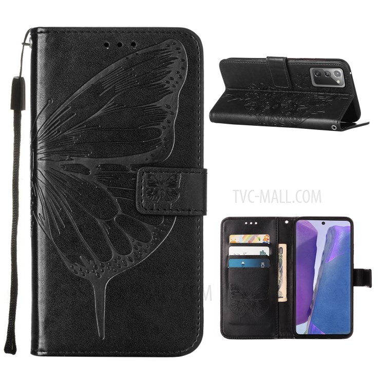 Imprint Butterfly Flower Pattern Wallet Stand Leather Case for Samsung Galaxy Note 20 5G / Galaxy Note 20 - Black-1