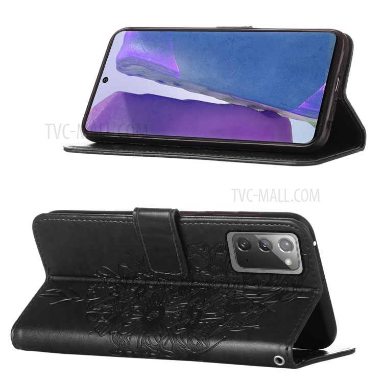Imprint Butterfly Flower Pattern Wallet Stand Leather Case for Samsung Galaxy Note 20 5G / Galaxy Note 20 - Black-4