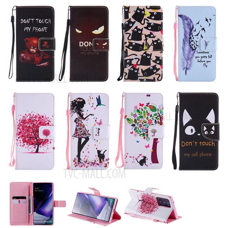Patterned Leather Shell with Wallet Stand Phone Case for Samsung Galaxy Note20 Ultra / Note20 Ultra 5G - Pink Flower Tree-10