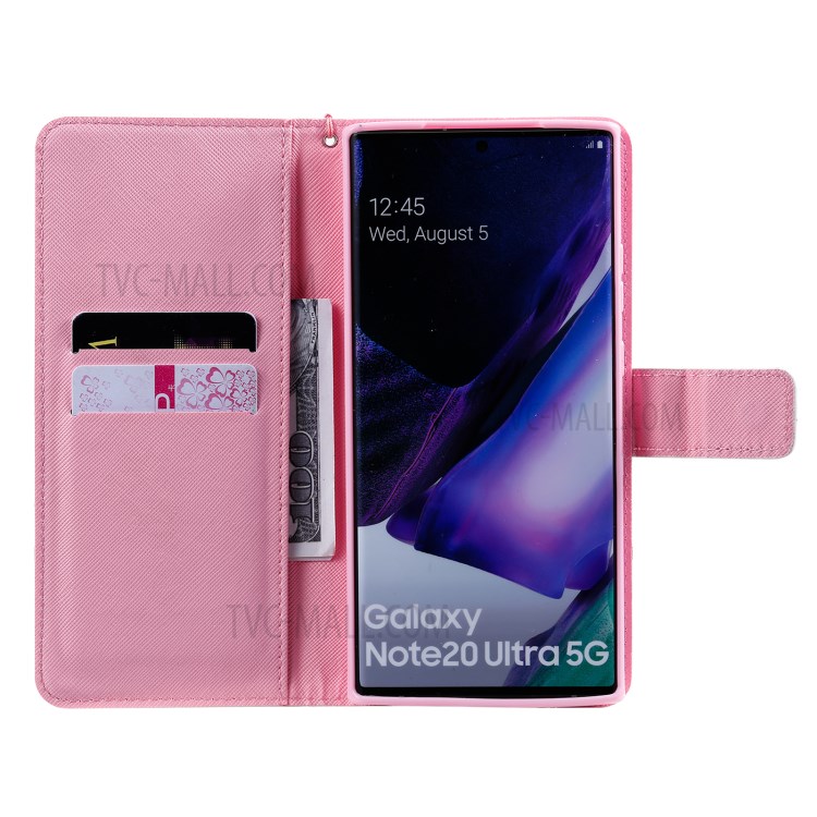 Patterned Leather Shell with Wallet Stand Phone Case for Samsung Galaxy Note20 Ultra / Note20 Ultra 5G - Pink Flower Tree-4