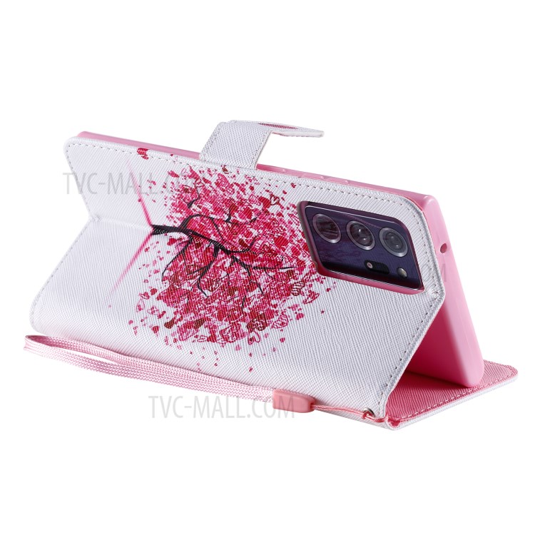 Patterned Leather Shell with Wallet Stand Phone Case for Samsung Galaxy Note20 Ultra / Note20 Ultra 5G - Pink Flower Tree-5