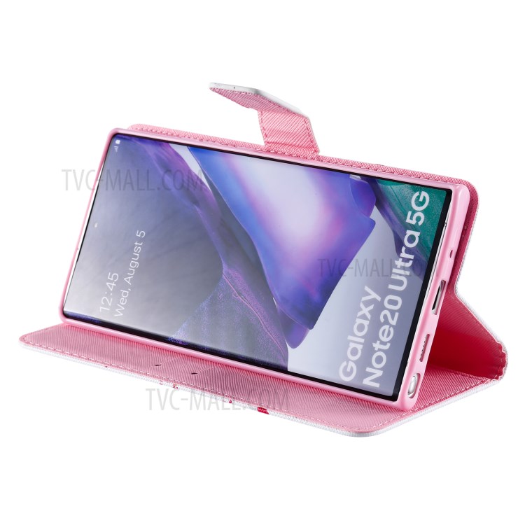 Patterned Leather Shell with Wallet Stand Phone Case for Samsung Galaxy Note20 Ultra / Note20 Ultra 5G - Pink Flower Tree-6