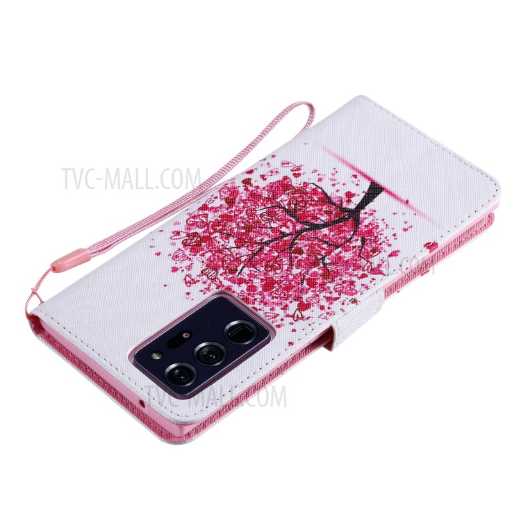 Patterned Leather Shell with Wallet Stand Phone Case for Samsung Galaxy Note20 Ultra / Note20 Ultra 5G - Pink Flower Tree-8